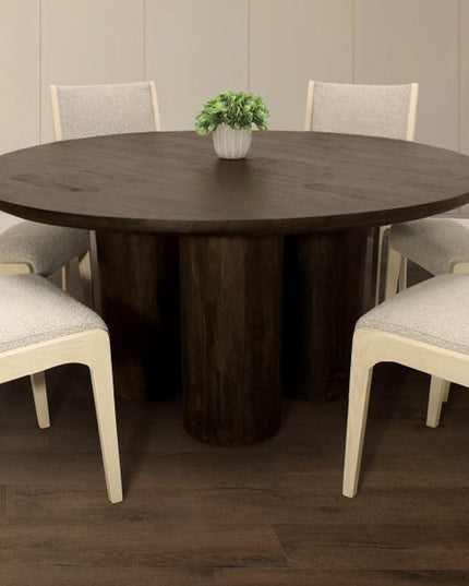 Seven Piece Dark Brown Round Solid Wood Dining Set with Six Chairs