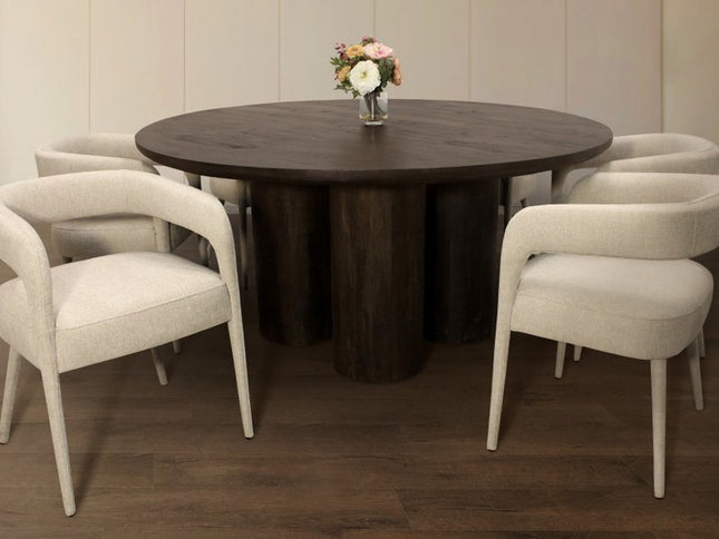 Seven Piece Dark Brown Round Solid Wood Dining Set with Six Chairs