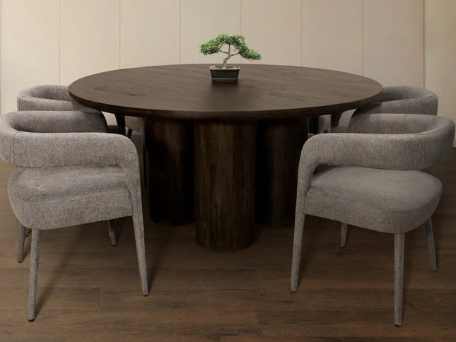 Seven Piece Dark Brown Round Solid Wood Dining Set with Six Chairs