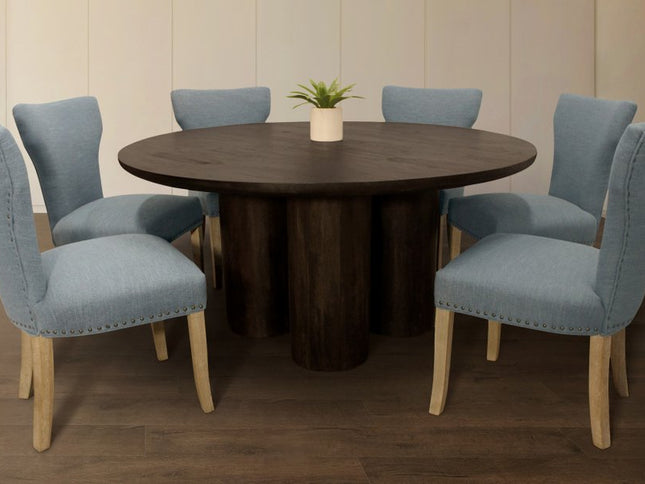 Seven Piece Dark Brown Round Solid Wood Dining Set with Six Chairs