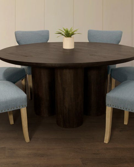 Seven Piece Dark Brown Round Solid Wood Dining Set with Six Chairs