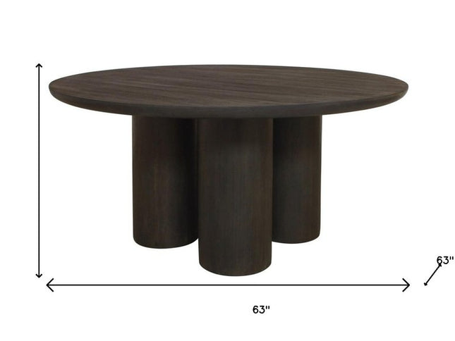 Seven Piece Dark Brown Round Solid Wood Dining Set with Six Chairs