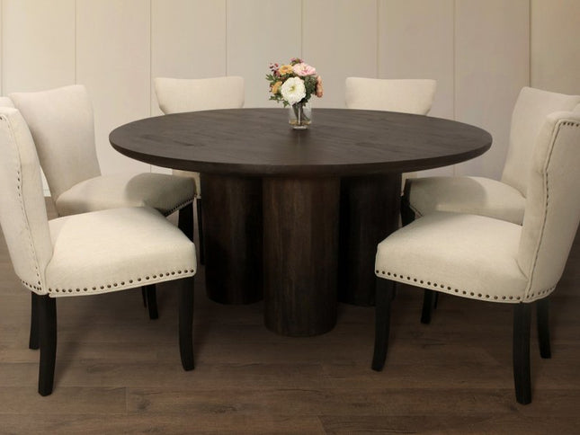 Seven Piece Dark Brown Round Solid Wood Dining Set with Six Chairs