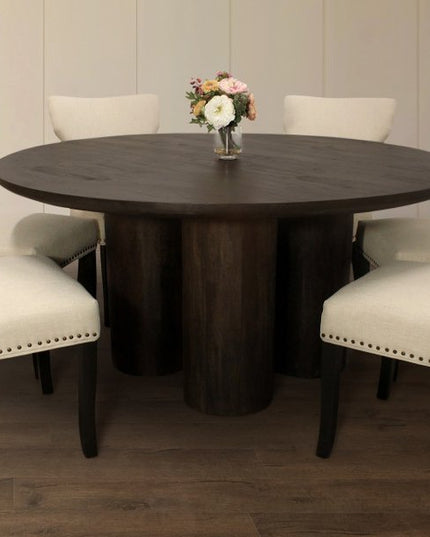 Seven Piece Dark Brown Round Solid Wood Dining Set with Six Chairs