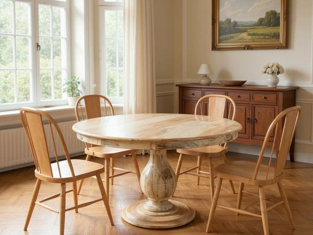 Five Piece Natural Round Solid Wood Dining Set with Four Chairs