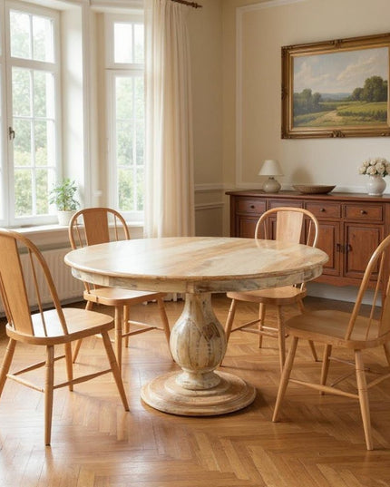 Five Piece Natural Round Solid Wood Dining Set with Four Chairs