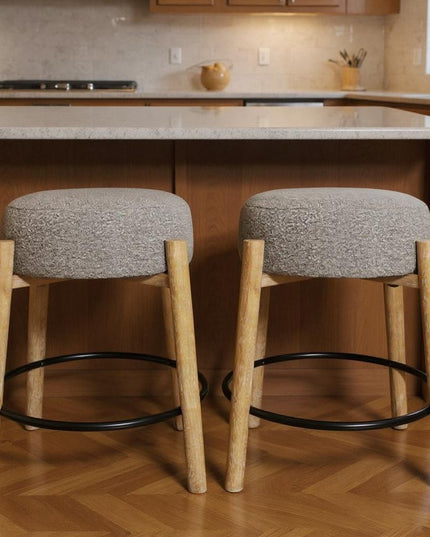 Set of Two Gray and Natural Fabric and Solid Wood Backless Counter Height Bar Chairs