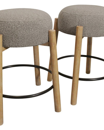 Set of Two Gray and Natural Fabric and Solid Wood Backless Counter Height Bar Chairs