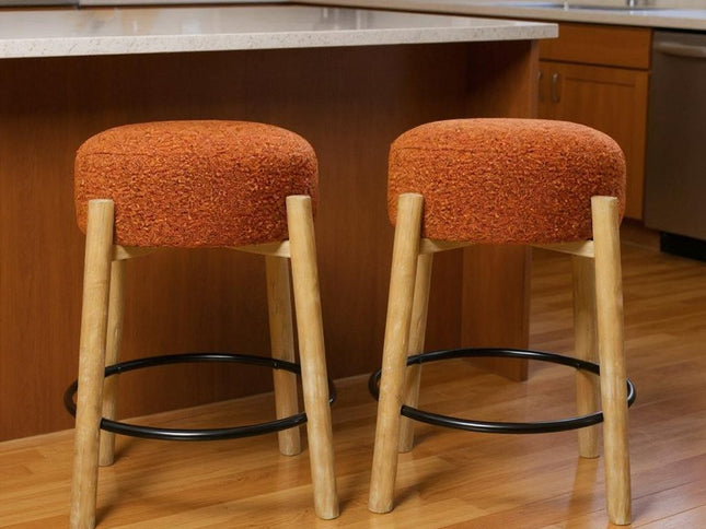 Set of Two Rust and Natural Fabric and Solid Wood Backless Counter Height Bar Chairs