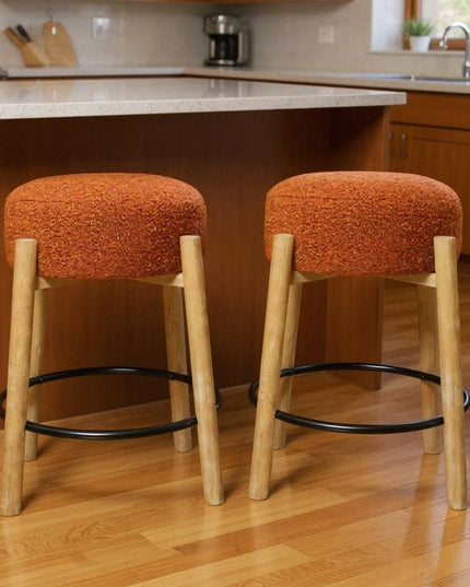 Set of Two Rust and Natural Fabric and Solid Wood Backless Counter Height Bar Chairs