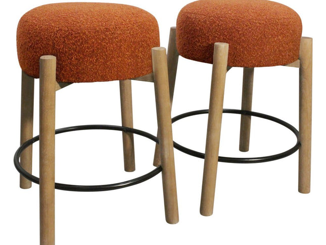 Set of Two Rust and Natural Fabric and Solid Wood Backless Counter Height Bar Chairs