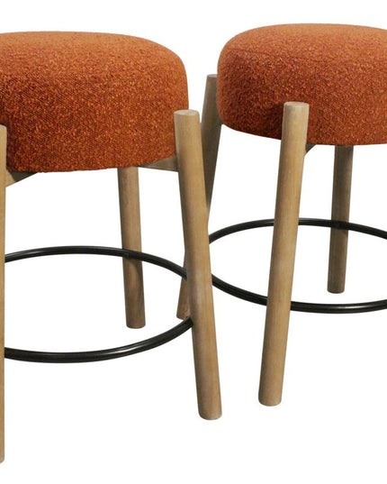 Set of Two Rust and Natural Fabric and Solid Wood Backless Counter Height Bar Chairs