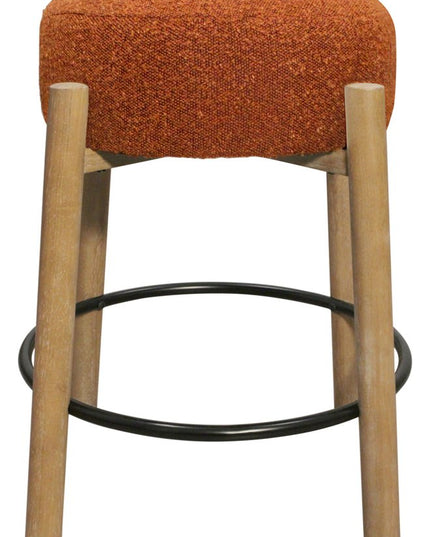 Set of Two Rust and Natural Fabric and Solid Wood Backless Counter Height Bar Chairs