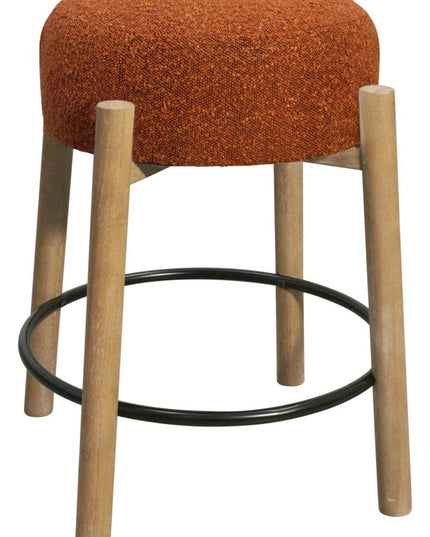 Set of Two Rust and Natural Fabric and Solid Wood Backless Counter Height Bar Chairs