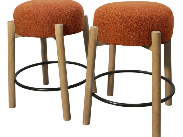 Set of Two Rust and Natural Fabric and Solid Wood Backless Counter Height Bar Chairs