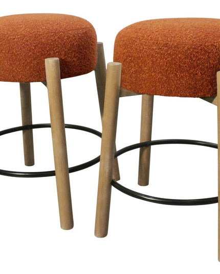 Set of Two Rust and Natural Fabric and Solid Wood Backless Counter Height Bar Chairs