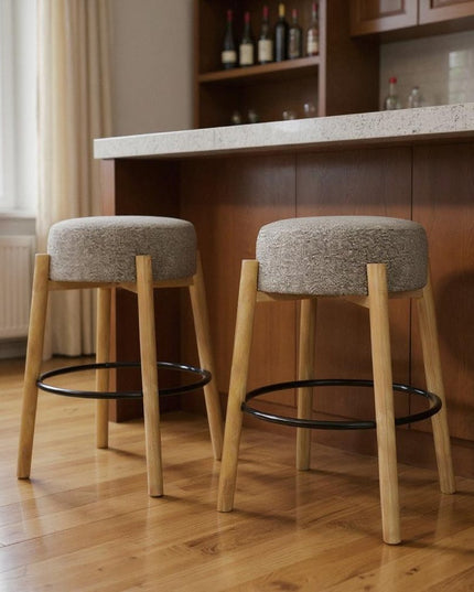 Set of Two Gray and Natural Fabric and Solid Wood Backless Bar Height Bar Chairs