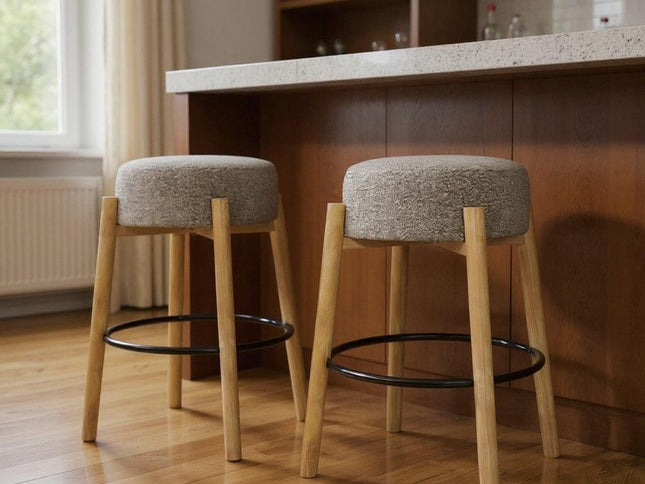 Set of Two Gray and Natural Fabric and Solid Wood Backless Bar Height Bar Chairs