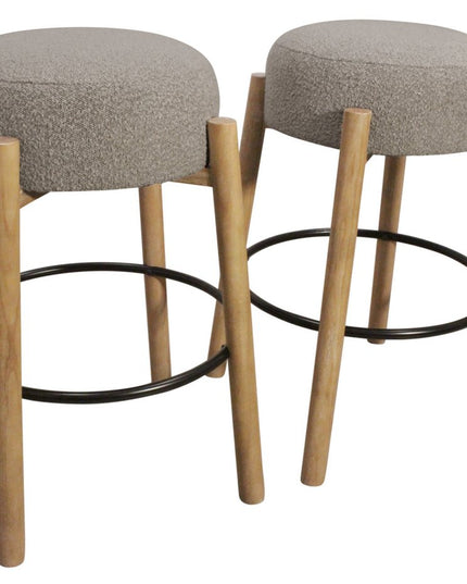 Set of Two Gray and Natural Fabric and Solid Wood Backless Bar Height Bar Chairs