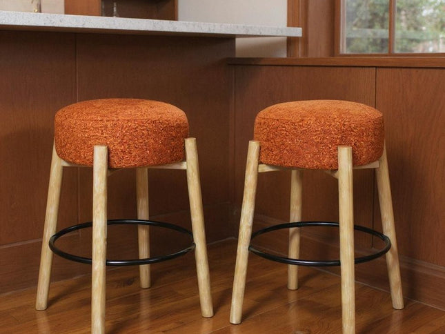 Set of Two Rust and Natural Fabric and Solid Wood Backless Bar Height Bar Chairs