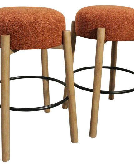 Set of Two Rust and Natural Fabric and Solid Wood Backless Bar Height Bar Chairs