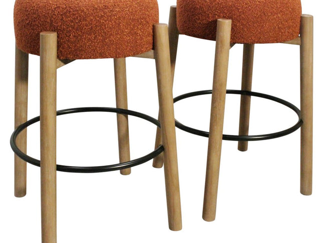 Set of Two Rust and Natural Fabric and Solid Wood Backless Bar Height Bar Chairs