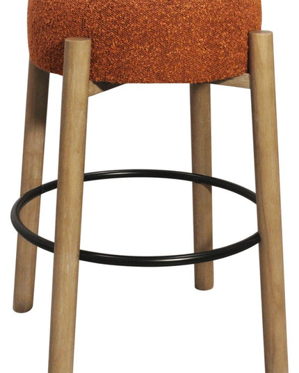 Set of Two Rust and Natural Fabric and Solid Wood Backless Bar Height Bar Chairs