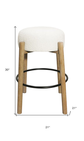 Set of Two Ivory and Natural Fabric and Solid Wood Backless Bar Height Bar Chairs