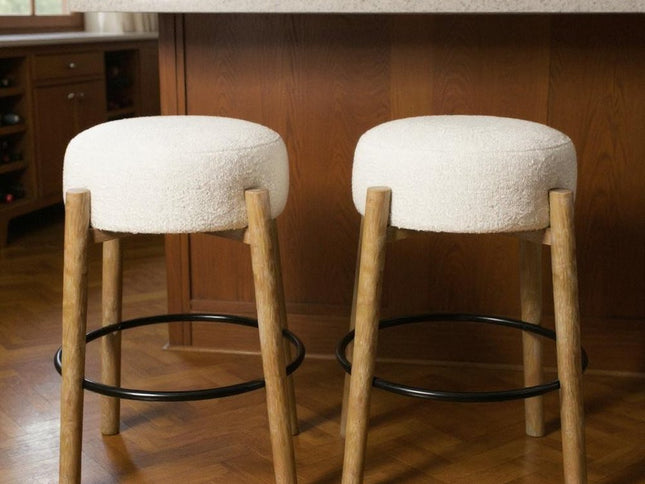 Set of Two Ivory and Natural Fabric and Solid Wood Backless Bar Height Bar Chairs