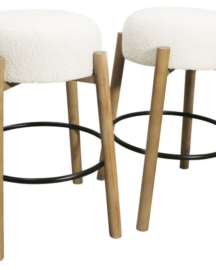 Set of Two Ivory and Natural Fabric and Solid Wood Backless Bar Height Bar Chairs