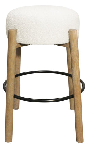 Set of Two Ivory and Natural Fabric and Solid Wood Backless Bar Height Bar Chairs