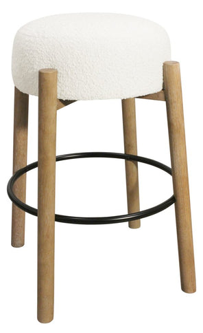 Set of Two Ivory and Natural Fabric and Solid Wood Backless Bar Height Bar Chairs