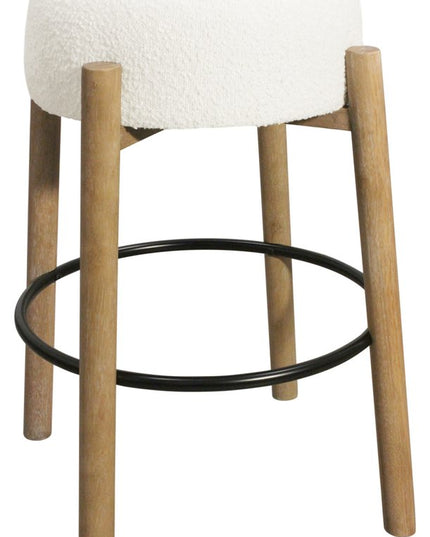 Set of Two Ivory and Natural Fabric and Solid Wood Backless Bar Height Bar Chairs