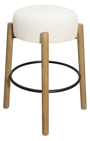 Set of Two Ivory and Natural Fabric and Solid Wood Backless Bar Height Bar Chairs