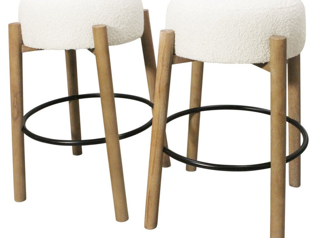 Set of Two Ivory and Natural Fabric and Solid Wood Backless Bar Height Bar Chairs