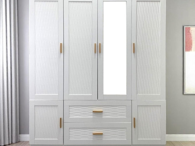 75" White Ribbed Texture Wood Mirrored Six Door Two Drawer Combo Dresser