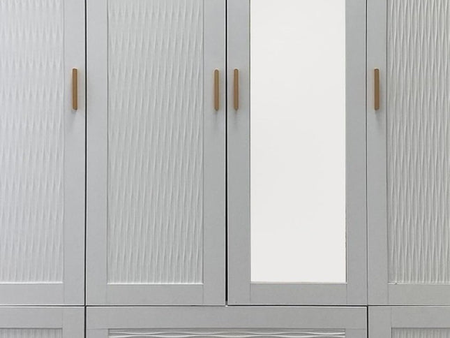 75" White Ribbed Texture Wood Mirrored Six Door Two Drawer Combo Dresser