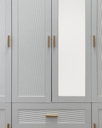 75" White Ribbed Texture Wood Mirrored Six Door Two Drawer Combo Dresser