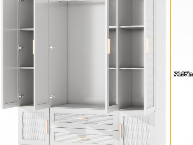 75" White Ribbed Texture Wood Mirrored Six Door Two Drawer Combo Dresser