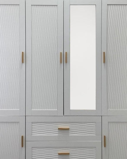 75" White Ribbed Texture Wood Mirrored Six Door Two Drawer Combo Dresser