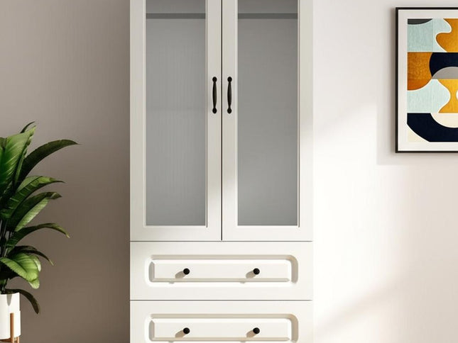 71" White Wood Two Door Two Drawer Combo Dresser