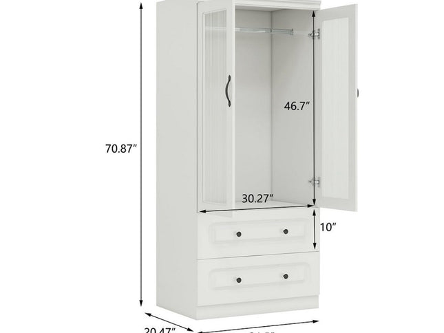 71" White Wood Two Door Two Drawer Combo Dresser