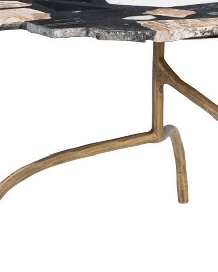 33" Black and Gold Terrazzo and Iron Free Form Pedestal Coffee Table