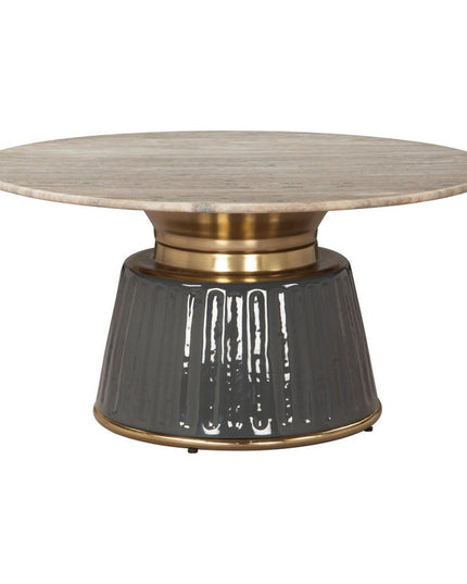 33" Beige and Black Genuine Marble and Wood Round Pedestal Coffee Table