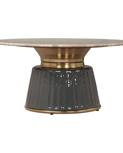 33" Beige and Black Genuine Marble and Wood Round Pedestal Coffee Table