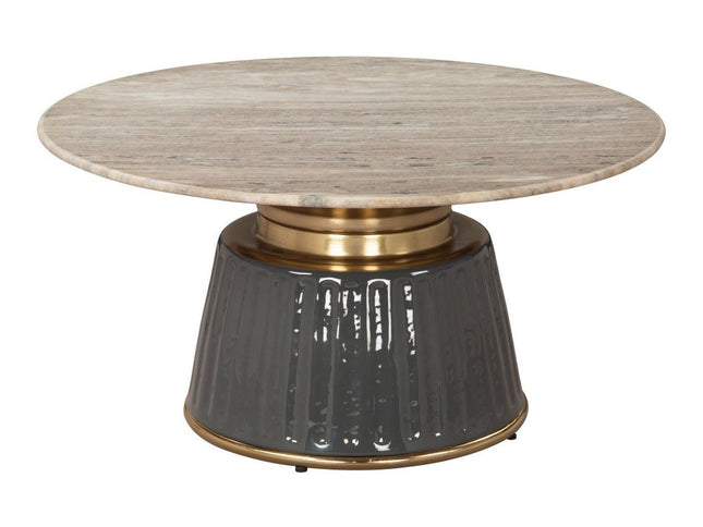 33" Beige and Black Genuine Marble and Wood Round Pedestal Coffee Table