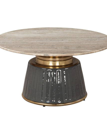 33" Beige and Black Genuine Marble and Wood Round Pedestal Coffee Table