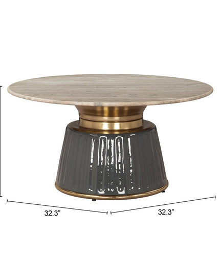 33" Beige and Black Genuine Marble and Wood Round Pedestal Coffee Table