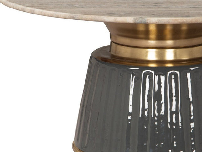 33" Beige and Black Genuine Marble and Wood Round Pedestal Coffee Table