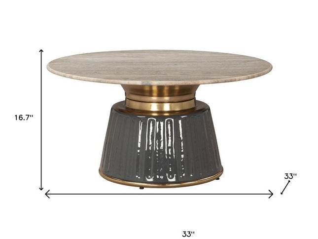 33" Beige and Black Genuine Marble and Wood Round Pedestal Coffee Table